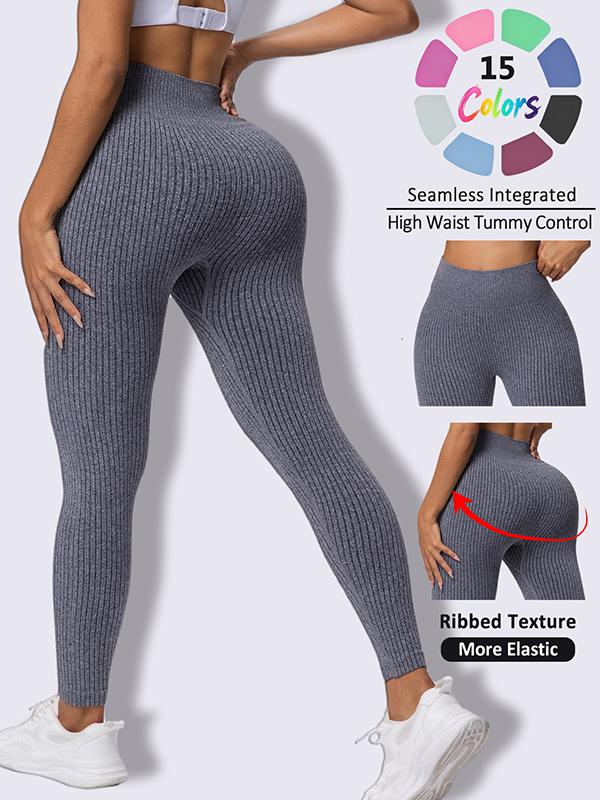 Fashion Candy Colors Women High-Waisted Butt-Lifting Tummy-Control Leggings, Soft Comfortable Breathable Elastic Ribbed Texture Sport Pants, Gym Workout Yoga Fitness Leggings, Suitable For Casual and Versatile Styles, Everyday Wear Must-Have For Wardrobe
