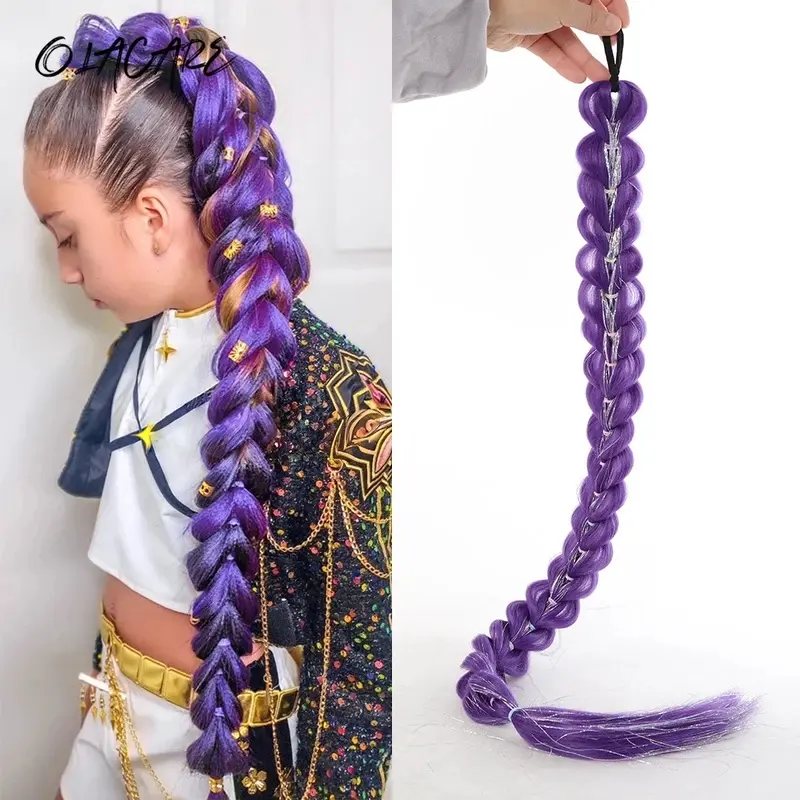 32inch Braided Purple Hair Ponytail with Tinsel Hair Wig Super Extensions Shiny Tinsel Hair for Kids Christmas Cosplay Rumi Hair