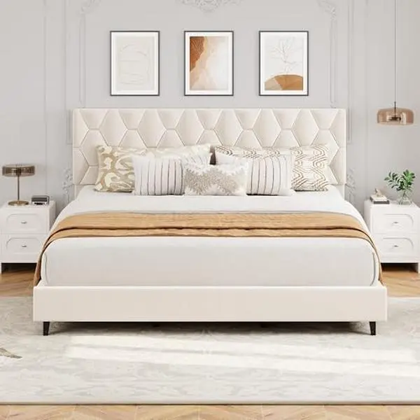 Gaomon Beige King Size Bed Frame - Upholstered Headboard Bed Frame with Heavy-Duty Metal Platform, Strong Wood Slat Support, Noise-Free, No Box Spring Needed, Upholstered Bed Frames