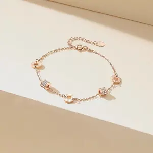 Rose Gold Tone Roman Numeral Bracelet for Women, Minimalist Interlocking Circles Small Waist Charm Bracelet, Crystal Pave Cubic Zirconia Dainty Chain Link Jewelry, Birthday Anniversary Gift for Girlfriend Mother Her
