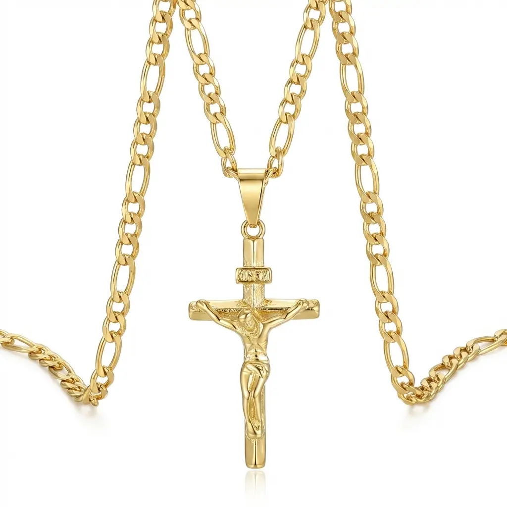 Unisex Long Cuban-Style Classic Gold-Plated Cross Pendant Necklace - Cross, religious design, personal statement, Christian jewelry, symbol of faith and piety, a meaningful gift for believers, cross necklace, gold-plated cross necklace