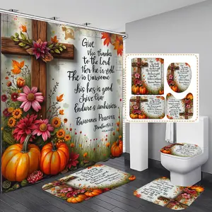 1/3/4PCS Thanksgiving Rustic Cross Flowers Pumpkins Shower Curtain Set with Rugs, Non Slip Bath Mat, U-Shape Carpet, Toilet Lid Cover, Polyester Fabric Bathtub Curtain Accessories, 12 Hooks, Home Bathroom Festival Decor