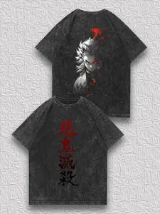valentine shirts Men's Anime Distressed Reversible T-Shirt - Demon Slayer "Demon Slaying" Bold Print, Kyojuro Hardcore Design, Niche Vintage Washed Casual Unique Short-Sleeve Top