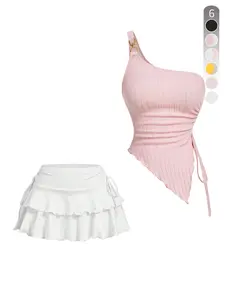 Two-Piece Set Women's Solid Ribbed Crop Tank Top & Skirt, Casual Matching Set, Casual Fashion Cozy for Daily Outdoor Wear, Ladies Clothes for Summer, Polish