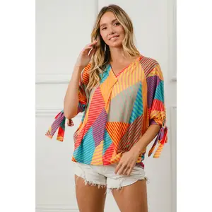 BiBi Multi Stripe Block Printed Jersey Blouse with Tied Sleeves - Casual Fitted V-Neck Long Sleeve Top for Women Summer Wear
