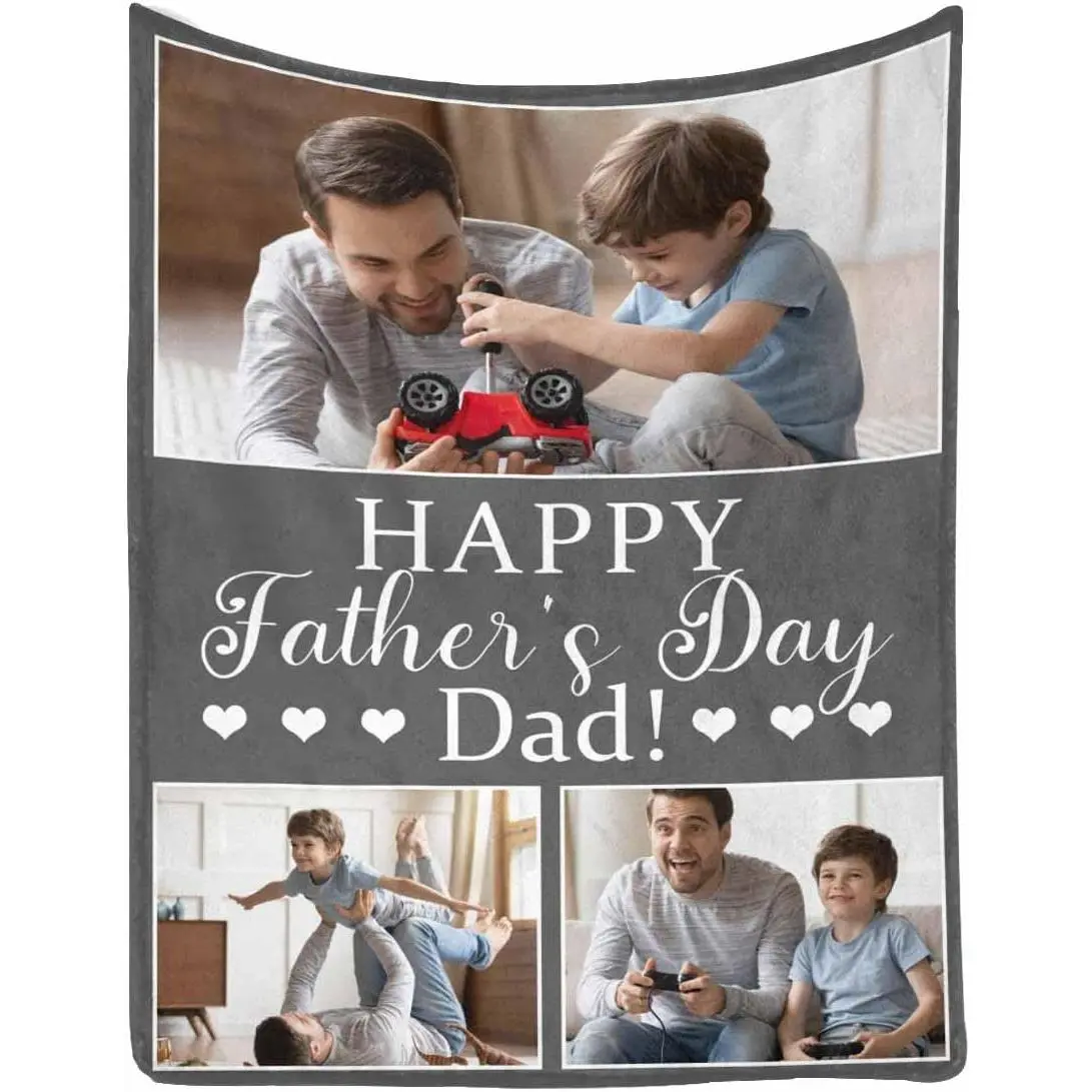 Custom Dad Blanket, Happy Father's Day Dad Gray Bed Blanket Personalized Throw Blanket with Picture Dad Birthday Gifts from Daughter Son