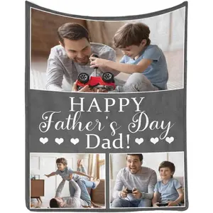 Custom Dad Blanket, Happy Father's Day Dad Gray Bed Blanket Personalized Throw Blanket with Picture Dad Birthday Gifts from Daughter Son