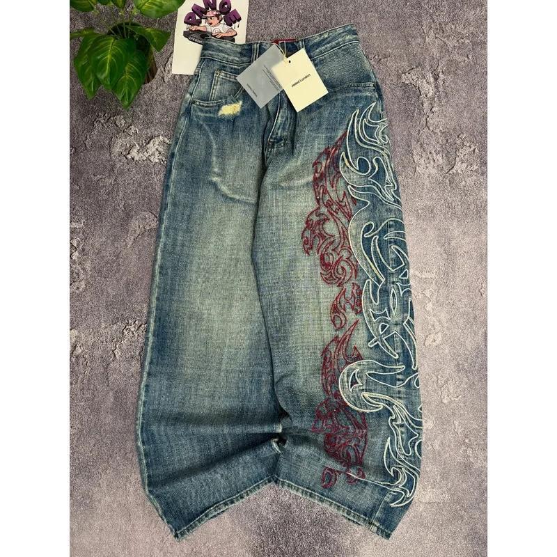 Men's & Women's Vintage Washed Wide-Leg Oversized Jeans with Tribal Embroidery - Distressed Loose Fit Y2K Aesthetic Pants, Mid-Rise Casual Wear Suitable for All-Season, Unisex Waist Harajuku Hip-hop Pants