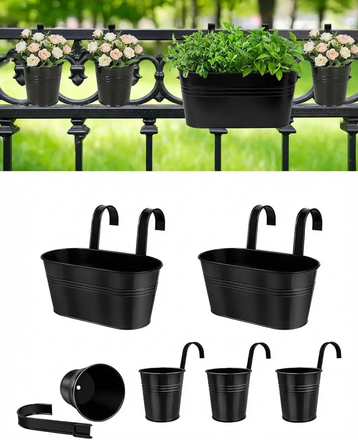 6 Pcs Metal Railing Planters Set, 10.8" Oval & 3.9" Round Hanging Flower Pots with Detachable Hooks, Black Fence Planter Baskets for Outdoor Plants, Herbs & Succulents, Garden Decor