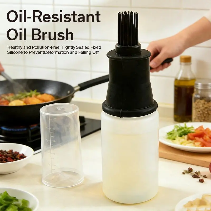 2pcs Silicone oil brush bottle  One bottle for the kitchen, one for outdoor use. The silicone brush head allows for easy and even oil application without getting your hands dirty.