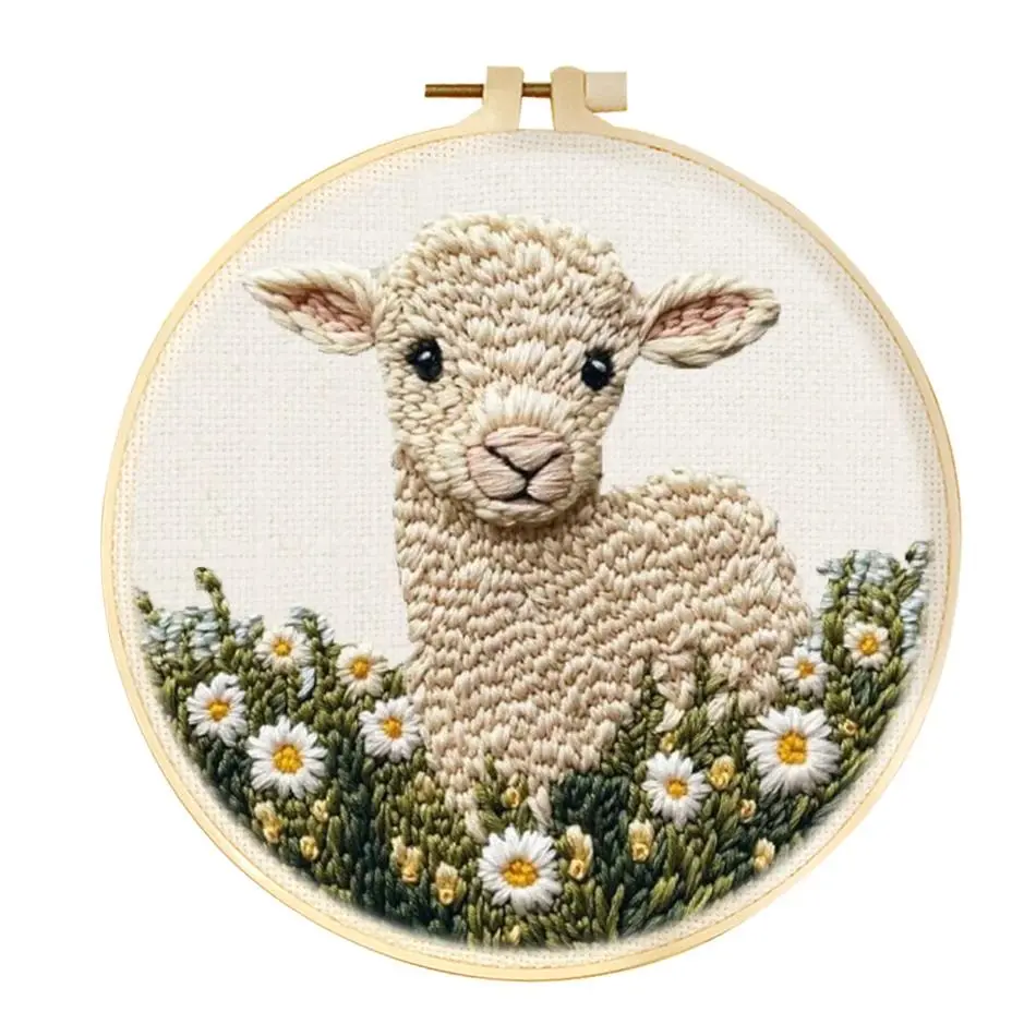Beginner Animal Theme Punch Needle Embroidery Kit - Cute Lamb Motif DIY Craft Set with Mixed Textile Fabric, Yarn, Hoop for Stress Relief Toy Making