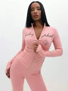 BABYPHAT Long Sleeve Zip Up Top With Script Print And Logo For Women