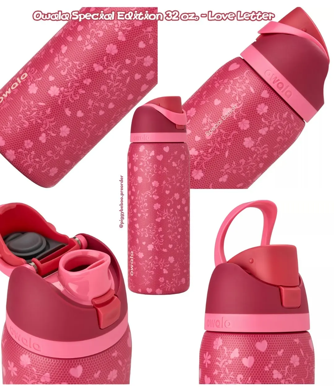 Owala "Love Letter" Series Insulated Stainless Steel Tumbler, 32-oz Capacity, Rose-Pink Body with Heart Pattern, Ideal Gift for Girls