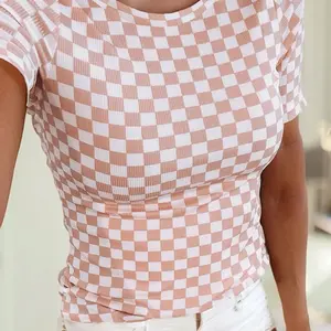 Checkered Ribbed Slim Fit Crew Neck T-Shirt - Pink, Sizes S-XL, 90% Polyester & 10% Elastane, Machine Washable, Stylish Design - Top, Womenswear