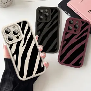 Aesthetic Wine Zebra Print Phone Case, Soft Silicone TPU Protection and Shockproof Cover For iPhone 17 16 15 Pro Max 14 16Pro 13 12 11 X Plus Air Mini 17E Girl