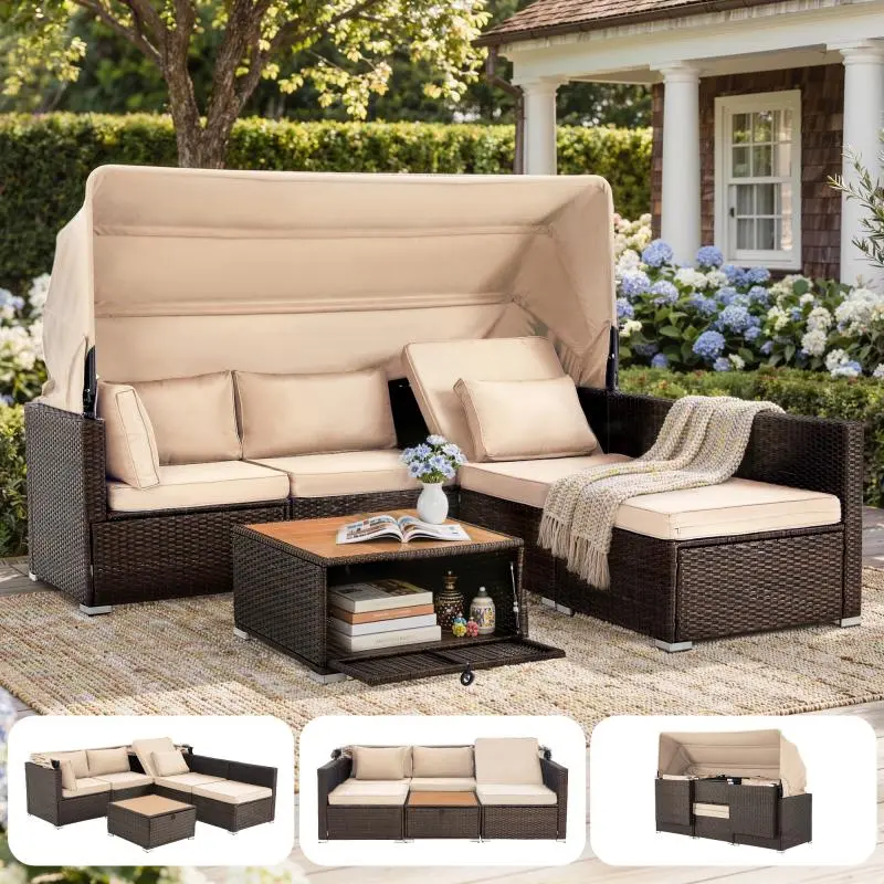 Patio Furniture Sets, Rattan Daybed with Retractable Canopy, Outdoor Sectional Sofa Set with Adjustable Backrest, Chaise Chair Sunbed for Garden, Poolside & Backyard