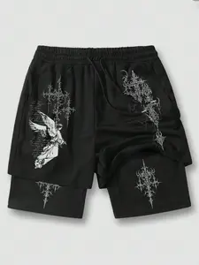 Men's Angel Print Drawstring Waist Double Layer Shorts, Casual Summer Wear, Comfortable and Stylish, Perfect for Daily Use