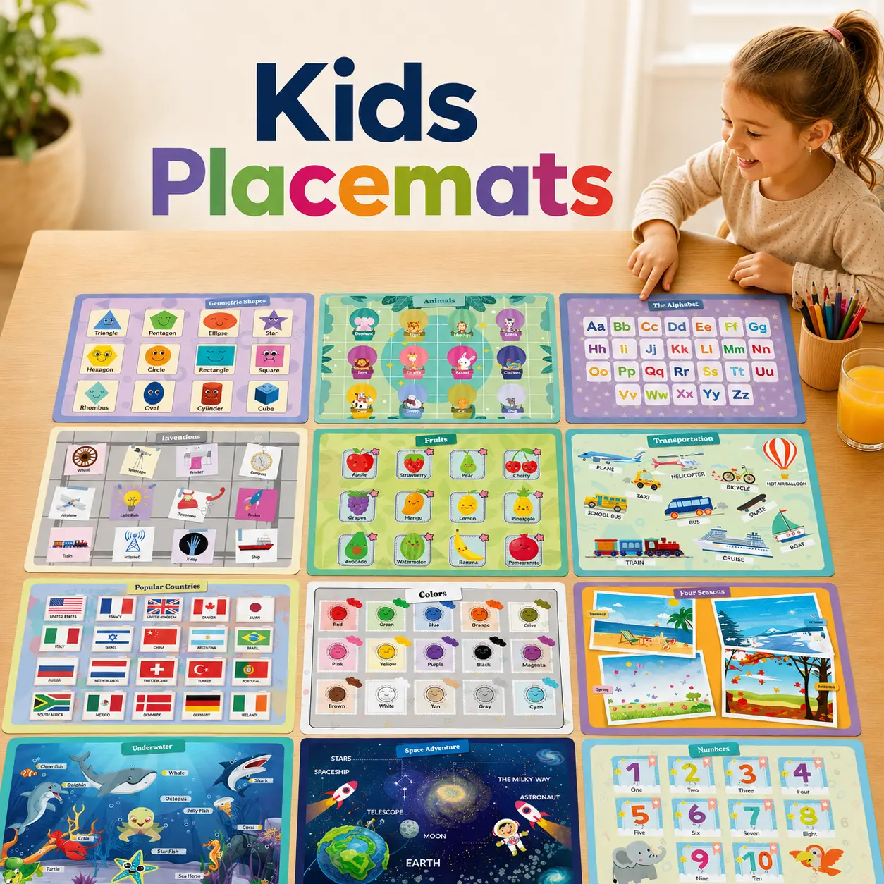 Educational Kids Placemats (Set of 12)