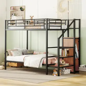 Twin Over Twin Metal Bunk Bed Frame with Stairs and Storage Wardrobe
