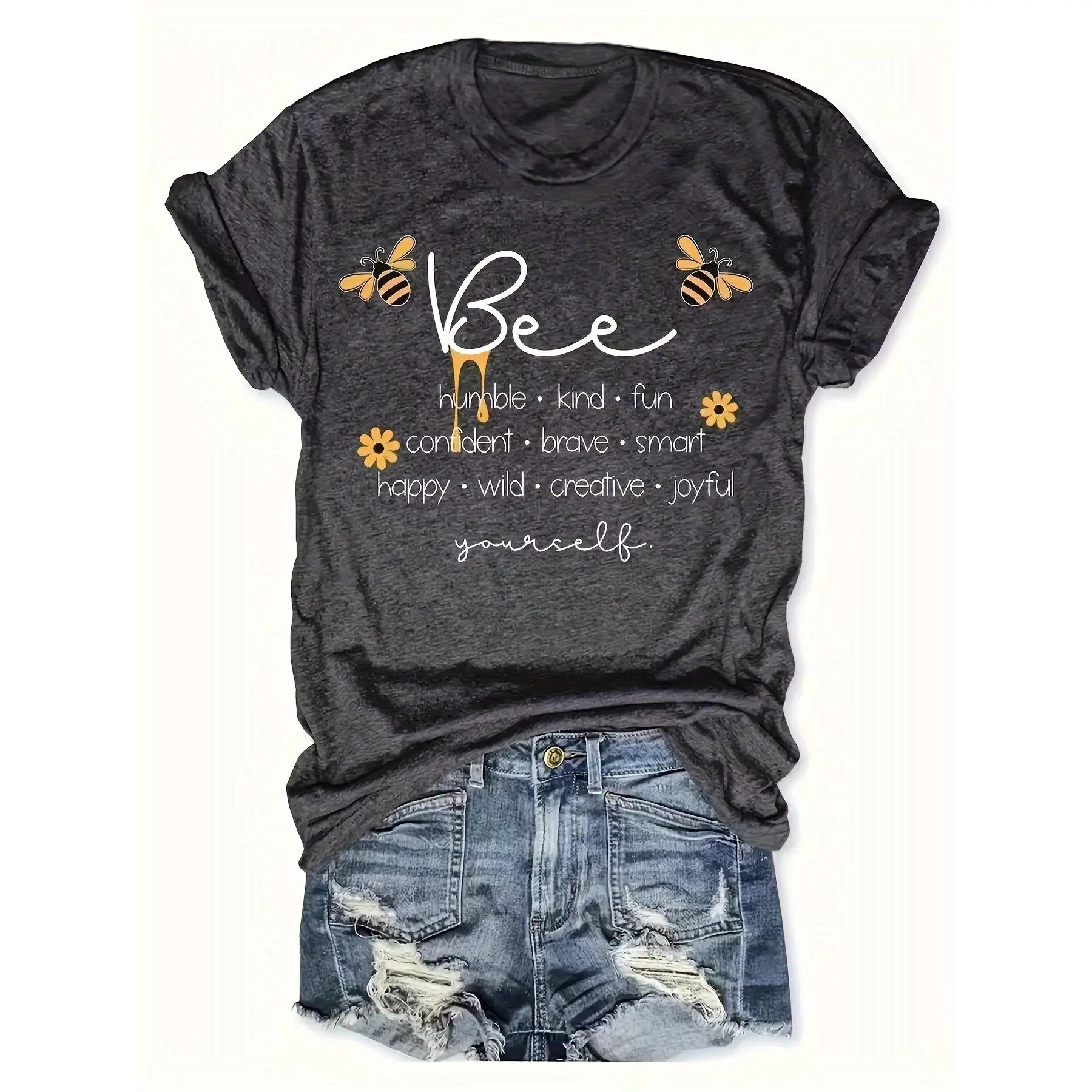 Women's Cute Bee & Letter Print T-shirt - Summer Short Sleeve Round Neck Polyester Knit Fabric Top, Shortsleeve, Tshirt, Women's Clothes, Young Look