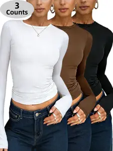 3 Counts Women's Crew Neck Long Sleeve Slim Tops, Soft Elastic Solid Color Classic Basic Shirts, Comfortable Fitted Ladies Tee, Warm Breathable Blouse for Indoor Daily Loungewear & Outdoor Casual Occasions
