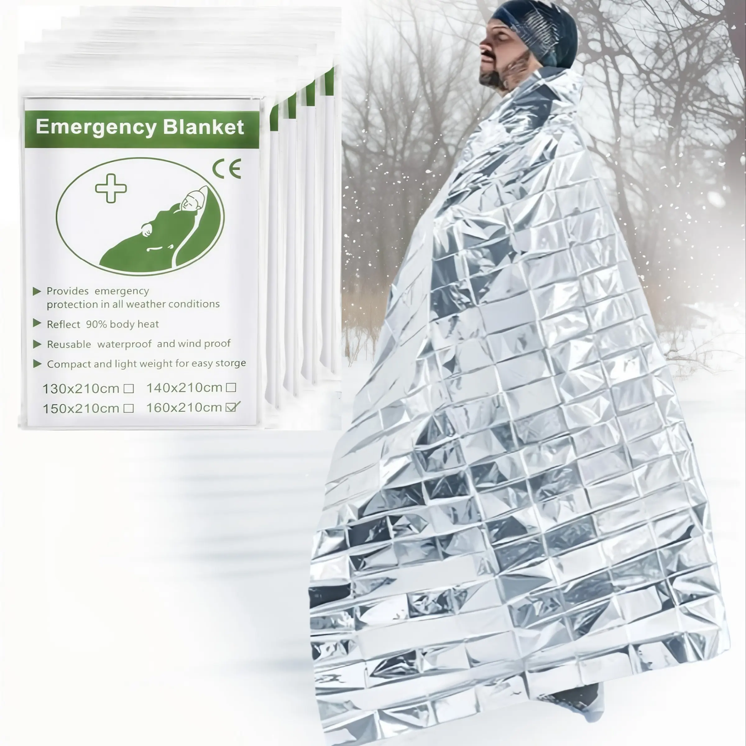 5-Piece Outdoor Emergency Blanket, Ultra-Light Polyester Insulation, Waterproof Windproof Survival Blanket, Ideal for Hiking, Camping, Road Trips, Emergency Kits, Survival Gear
