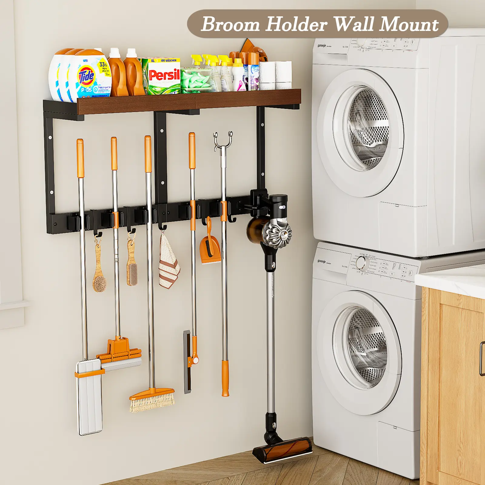 San Dream Broom Holder Wall Mount with Cleaning Supplies Organizer Broom and Mop Organizer Wall Hanging Broom Hanger Holder Wall Mount | 3-in-1 Mop with 5 Racks & 5 Hooks for Laundry Room