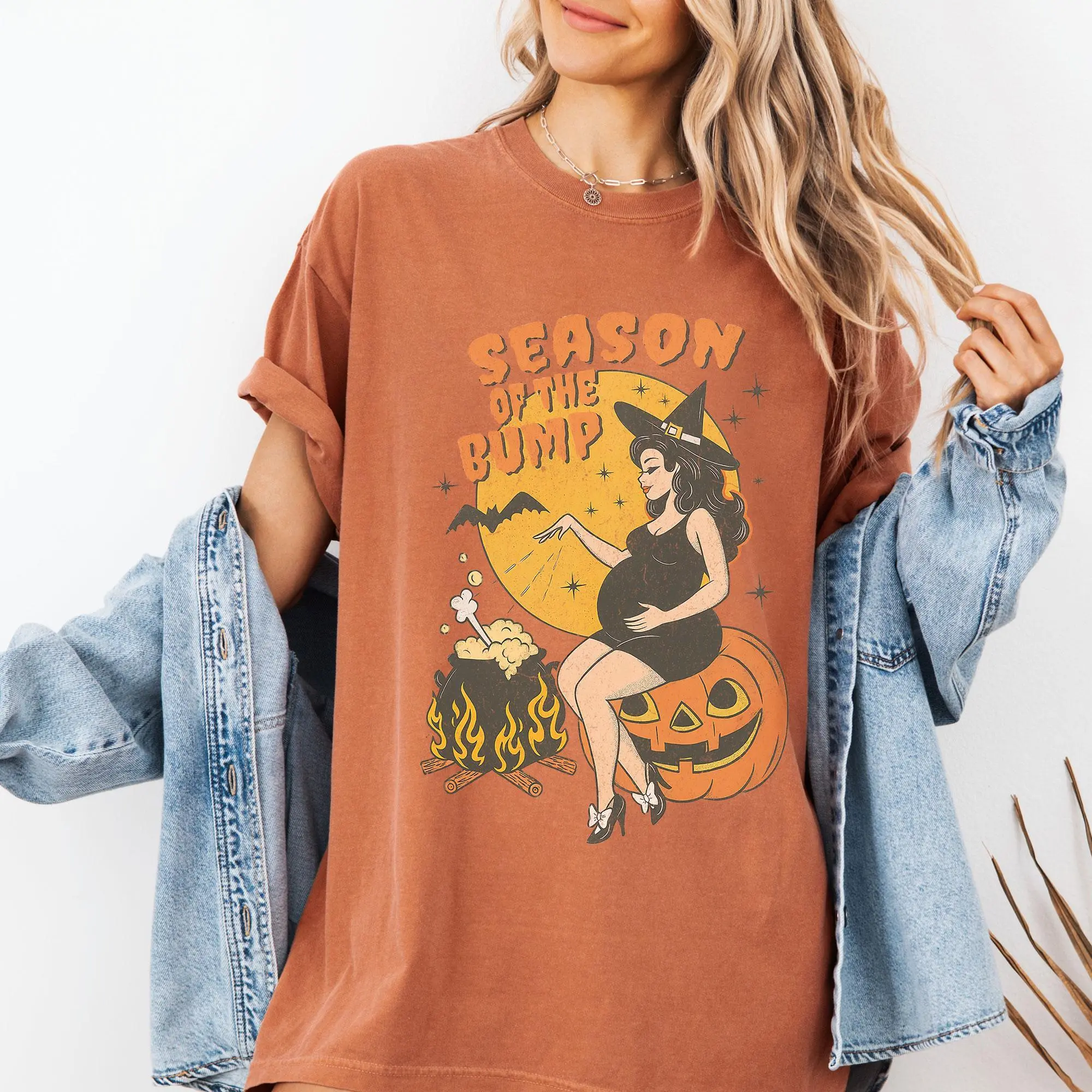 Comfort Colors Season of the Bump Halloween Pregnancy Shirt, Cute Maternity Witch Graphic Tee, Spooky Mom To Be Pumpkin Shirt, Fall Baby Shower Gift
