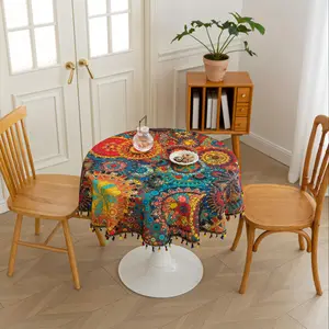 Erbnaryx Boho Tablecloth for Round Tables,Fringed edges with Geometric Pattern Tablecloths,Farmhouse Floral Table Cover Cloth Decorative for Kitchen Dining Room,Dot Colorful