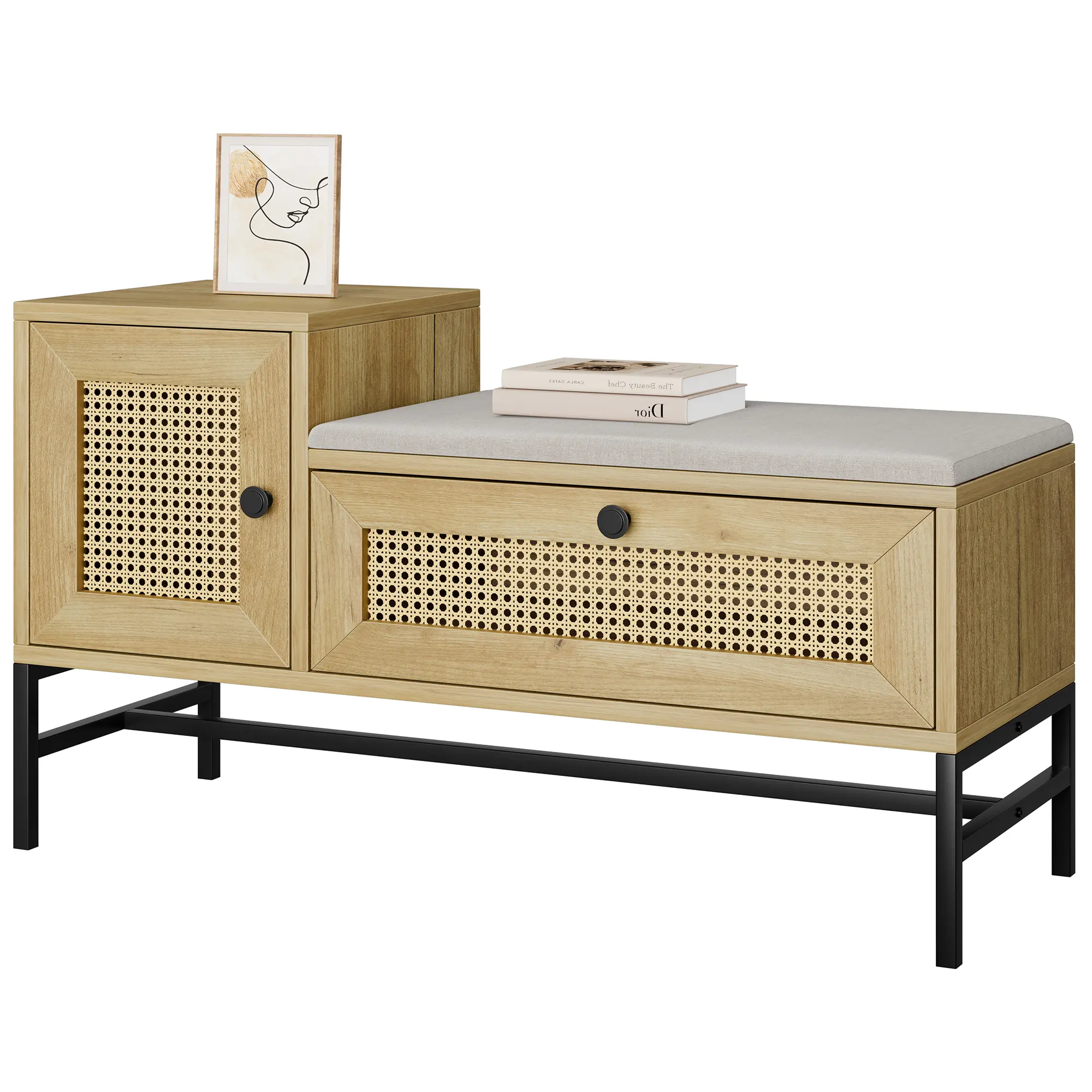 Wooden shoe bench with storage rattan bench with linen cushions drawer cabinet ideal for hallway & bedroom  country style