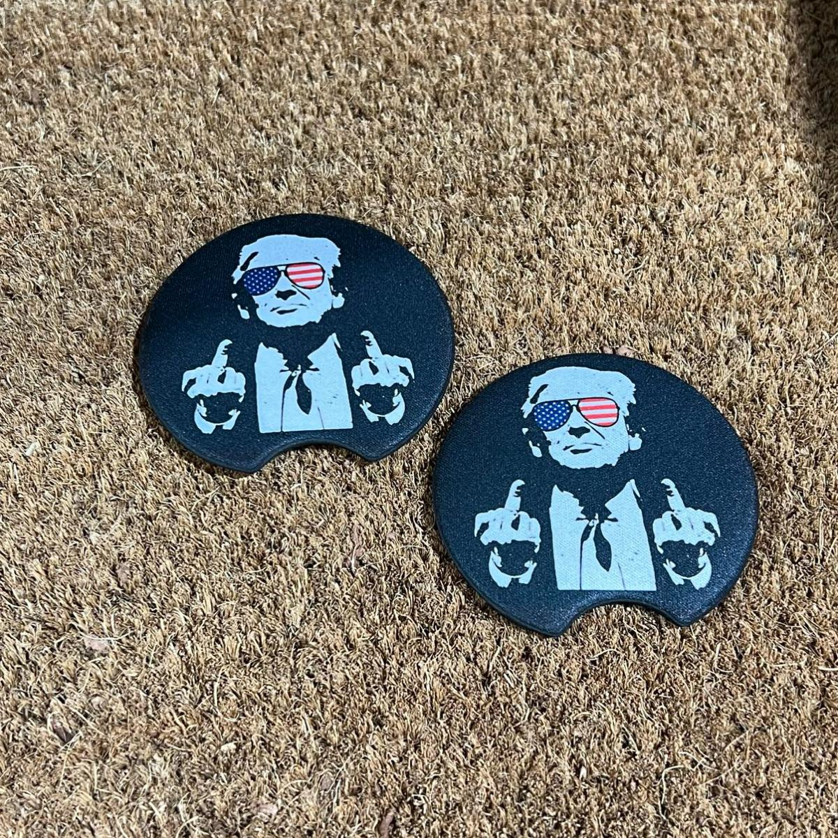 President Donald Trump Finger American Flag Anti-Slip Coasters for Men & Women - Round Car Interior Decoration Accessory MAGA Maha Patriotic Patriot new car gift round car cup holder coaster