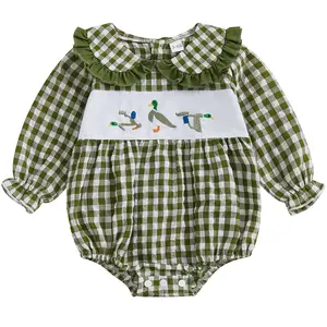 Infant Baby Girl Mallard Duck Romper Long Sleeve Doll Collar Seersucker Plaid Bubble Onesie Bodysuit Hunting Clothes