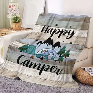 Cozy Camper Flannel Blanket – Soft, Warm, All-Season Polyester Fleece With "Happy Camper" Design, Rustic Striped Pattern, And Vintage Camping Theme For Sofa, Bed, Office, Travel, And Camping, Sofa Throw |   Whimsical Decor Item |   Allseason Blanket