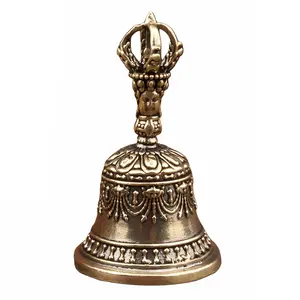 Vintage Brass Bell Ornament, Detailed Tibetan Relief Craftsmanship, Heavy Copper Color, Perfect Desktop Blessing Decor, Charm Accessory