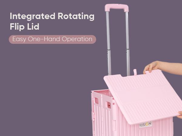 VUSIGN Folding Utility Cart, Foldable Rolling Crate Handcart with Lid, Portable Collapsible Shopping Trolley Box, 4 Rotate Wheels for Grocery, Office, Travel, Teacher, Luggage, Black