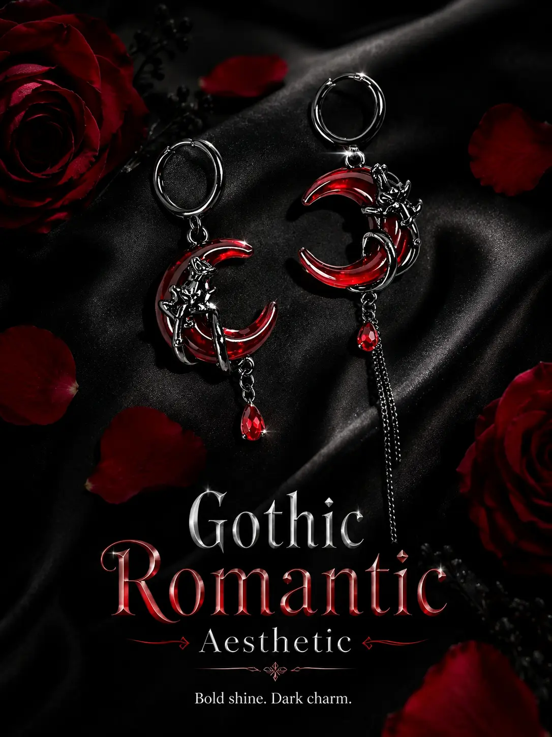 Women's Red Asymmetrical Crescent Moon Alloy Huggie Hoop Earrings - Gothic, Witchy Jewelry with Long Tassels, Teardrop Charm, Witchcraft Aesthetic, Fairycore Details, Dark Feminine Statement Costume Jewelry for Party, Date Night