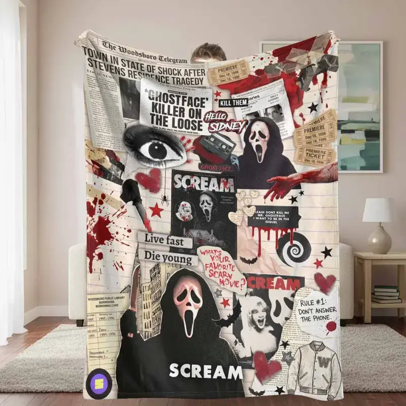 Scream Ghostface Horror Print Polyester Flat Weave Flannel Throw Blanket - Super Soft Cozy Fleece, Gothic Look for Living Room Sofa Bed Couch, Ideal Gift for Horror Fans
