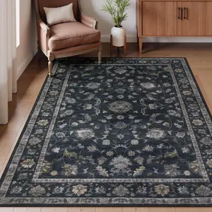 5x7 Washable Area Rug, Low Pile Floral  Rug for Bedroom, Stain Resistant Rugs for Living Room Non Shedding Floor Carpets for Dining Room  Office,(Black,5x7)
