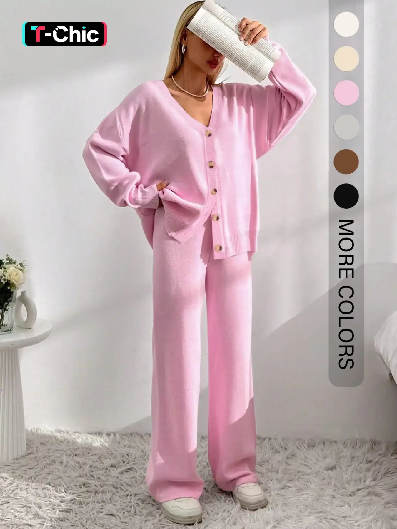 Women's V-Neck Button-Front Drop-Shoulder Cardigan & Elastic-Waist Wide-Leg Pants, 2-Piece Casual Lounge Set for Fall & Winter, Cozy Solid Long-Sleeve Knitwear Loungewear
