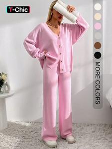 women's solid button front drop shoulder v neck cardigan & elastic waist wide leg pants two-piece set, casual fashion basic cozy knitwear set for daily outdoor wear, winter set, clothes women, matching sets for women, pastel matching clothes