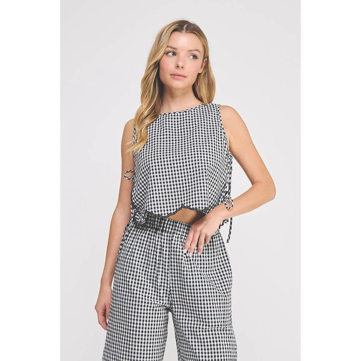 The Hampton Gingham Set - Black Gingham Scalloped Top & Pants Set with Lightweight Woven Fabric, Side Tie Details, and High-Waisted Wide-Leg Pants for Spring & Summer Outfits