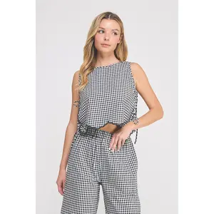The Hampton Gingham Set - Black Gingham Scalloped Top & Pants Set with Lightweight Woven Fabric, Side Tie Details, and High-Waisted Wide-Leg Pants for Spring & Summer Outfits