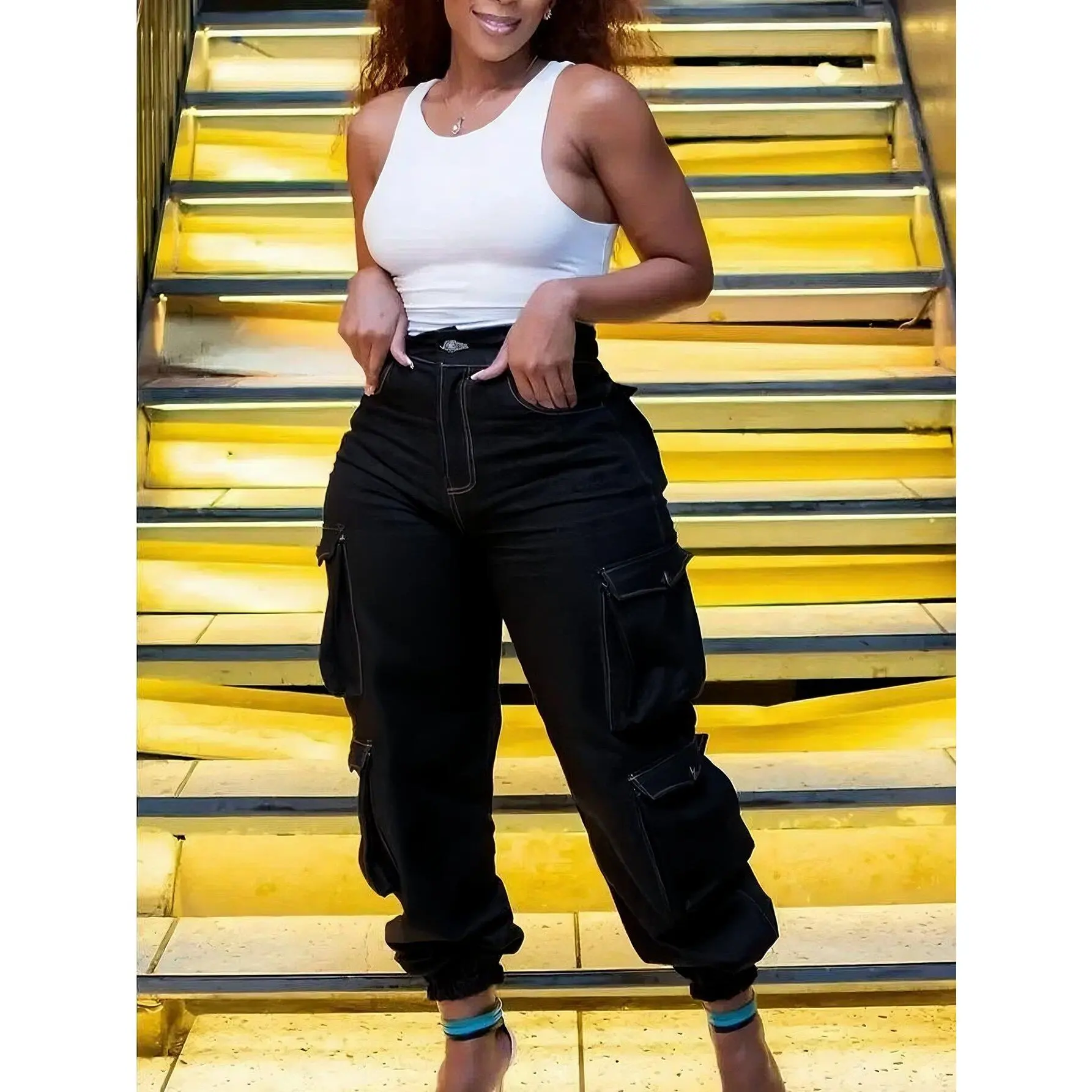 Women's plus size high waisted elastic jeans - non transparent work pants with built-in zipper closure, women's elastic office and daily pants, all season formal and casual pants