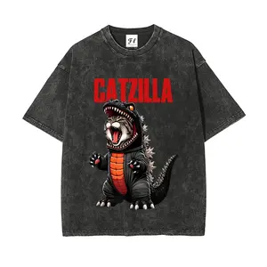 Unisex Vintage Washed CATZILLA Godzilla Cat Graphic T-shirt Unisex Vintage Washed CATZILLA Godzilla Cat Graphic T-shirt