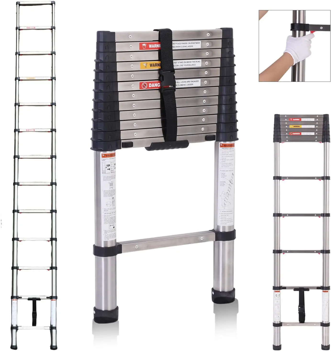 BOWEITI Extendable Ladder 12.5 Feet, Extended Step Ladder One-Touch Extension, Collapsible Ladder Slow-Down Design for Home RV Attic, Stainless Steel,