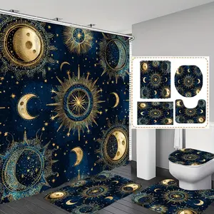 Star Moon Print Shower Curtain Set, Includes 12 Hooks, Non-Slip Bath Mat, U-Shaped Pad, Toilet Seat Cover, Home Bathroom Decor
