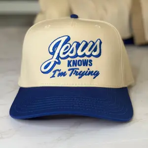 JESUS KNOWS I'M TRYING TRUCKER HAT