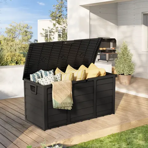 INTERGREAT 75 Gallon Outdoor Deck Storage Box - Heavy Duty Resin Container with Lockable Lid & Handles for Patio, Garden, Yard - Weatherproof #Summervibes