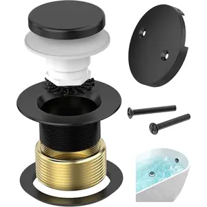 Matte Black Tub Drain Kit with Hair Catcher, Premium Brass Tip-Toe Bathroom Tub Drain Replacement and 2-Hole Overflow Faceplate, 11.5/16 UNC Bathtub Drain Stopper Assembly