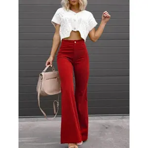 2025 Corduroy Trousers All Season Women Solid Button Fly Pocket Loungewear Slim Fit Ladies Flare Pants Streetwear Dropshipping